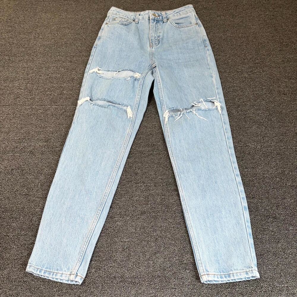 Topshop Mom Jeans Women 25x30 Blue Denim Light Wash Distressed Pockets High Rise